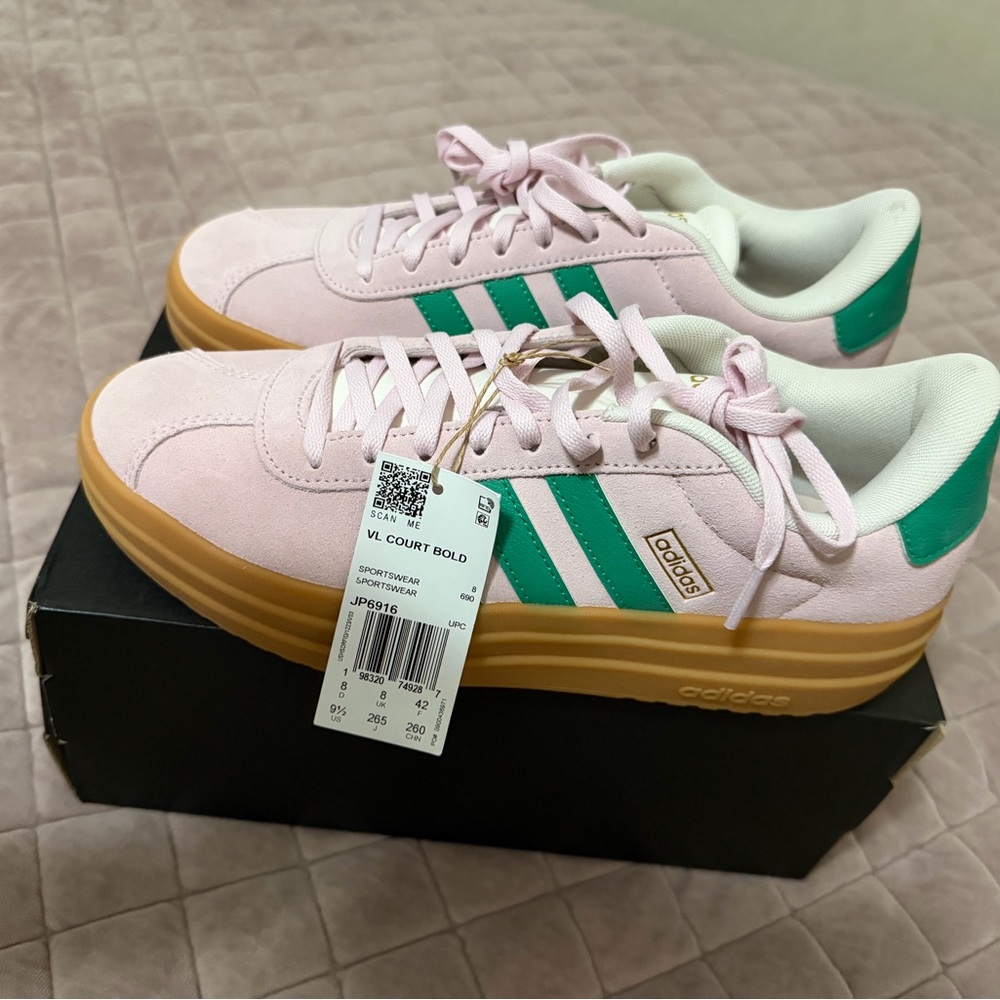 Adidas Women's Pink and Green VL Court Sneakers